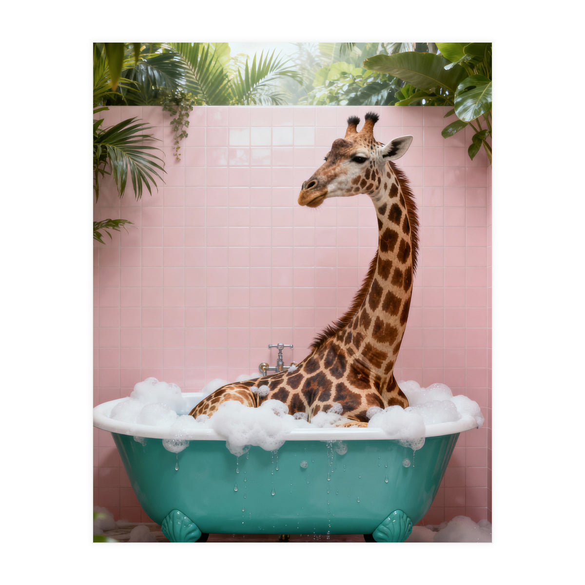 Giraffe in Bathtub, Whimsical Bathroom Art (Print Only)