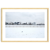 A seagull and snow covered houses