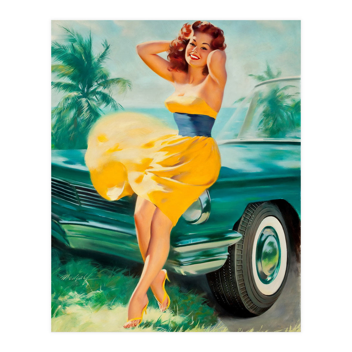 Pinup Girl Posing In Front Of The Car (Print Only)