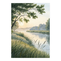 Serene River Sunrise Watercolor Painting with Meadow Grasses and Warm Golden Atmosphere Landscape (Print Only)