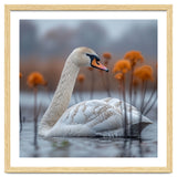 White Swan Swimming In A Lake With Reeds thumbnail