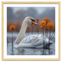 White Swan Swimming In A Lake With Reeds