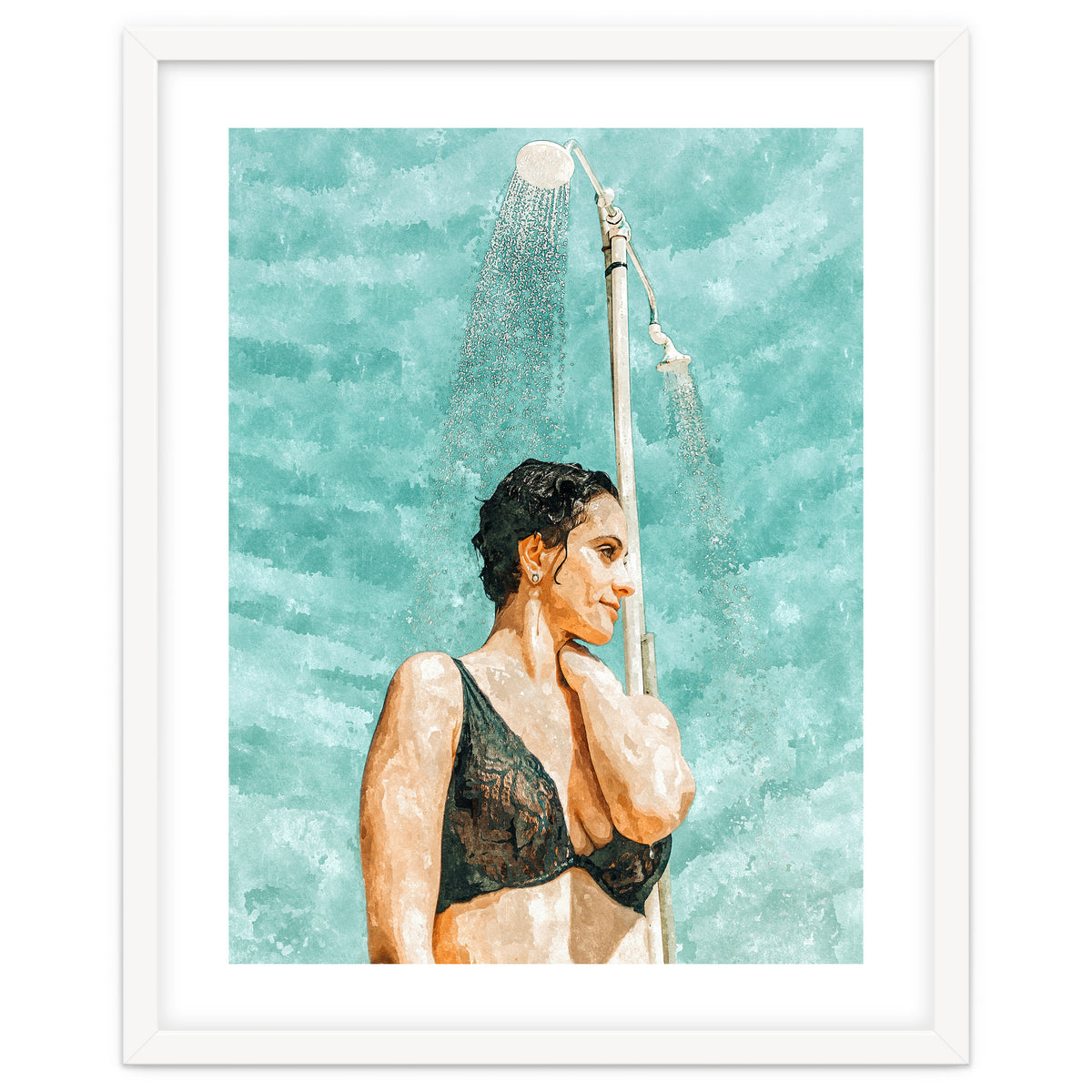 Bathe | Woman Pool Shower | Summer Swim Watercolor Painting | Brunette Bikini Boho Fashion