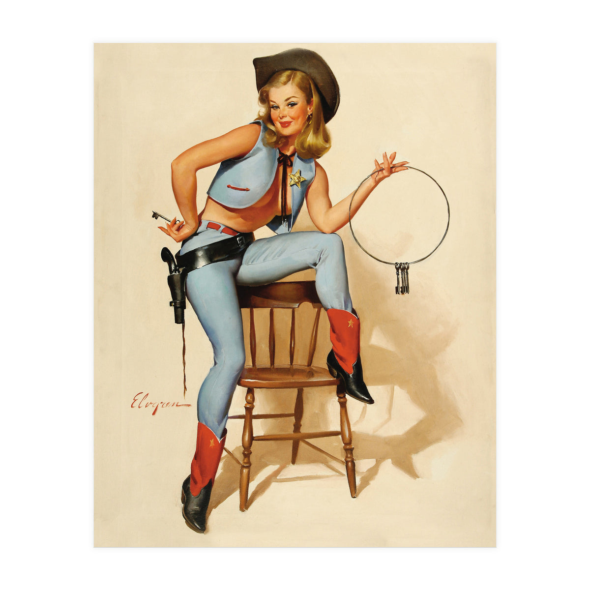 Pinup Cowgirl With A Key (Print Only)