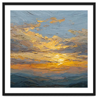 Atmospheric Golden Sunset Impasto Oil Painting Featuring Textured Clouds