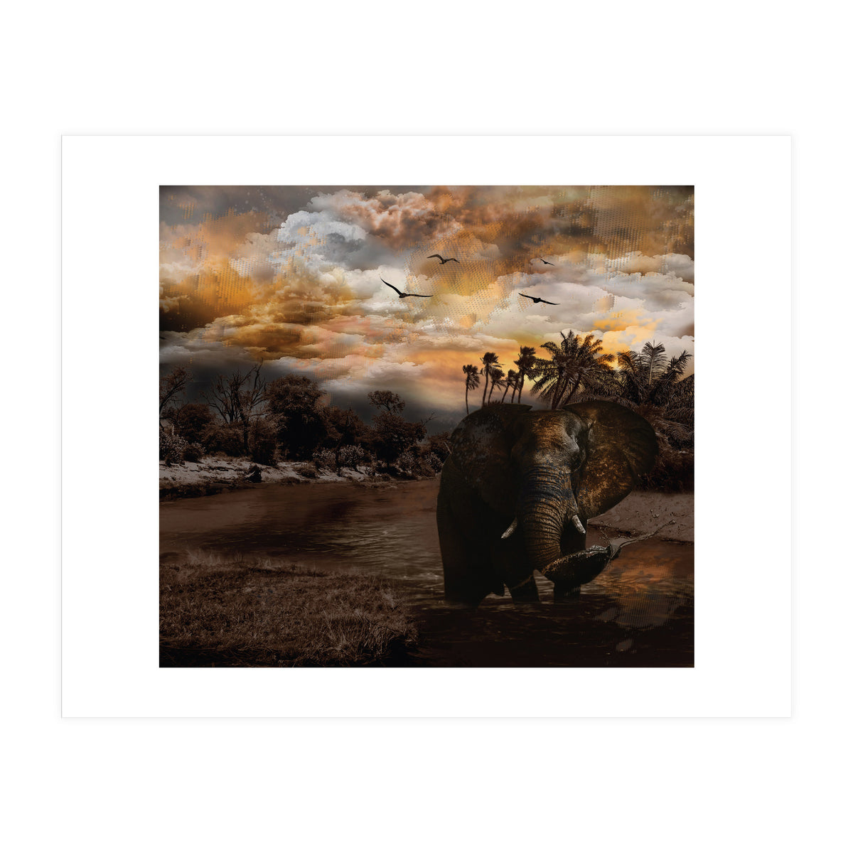 Elephant Scenic Golden Sunset African Wildlife Landscape (Print Only)