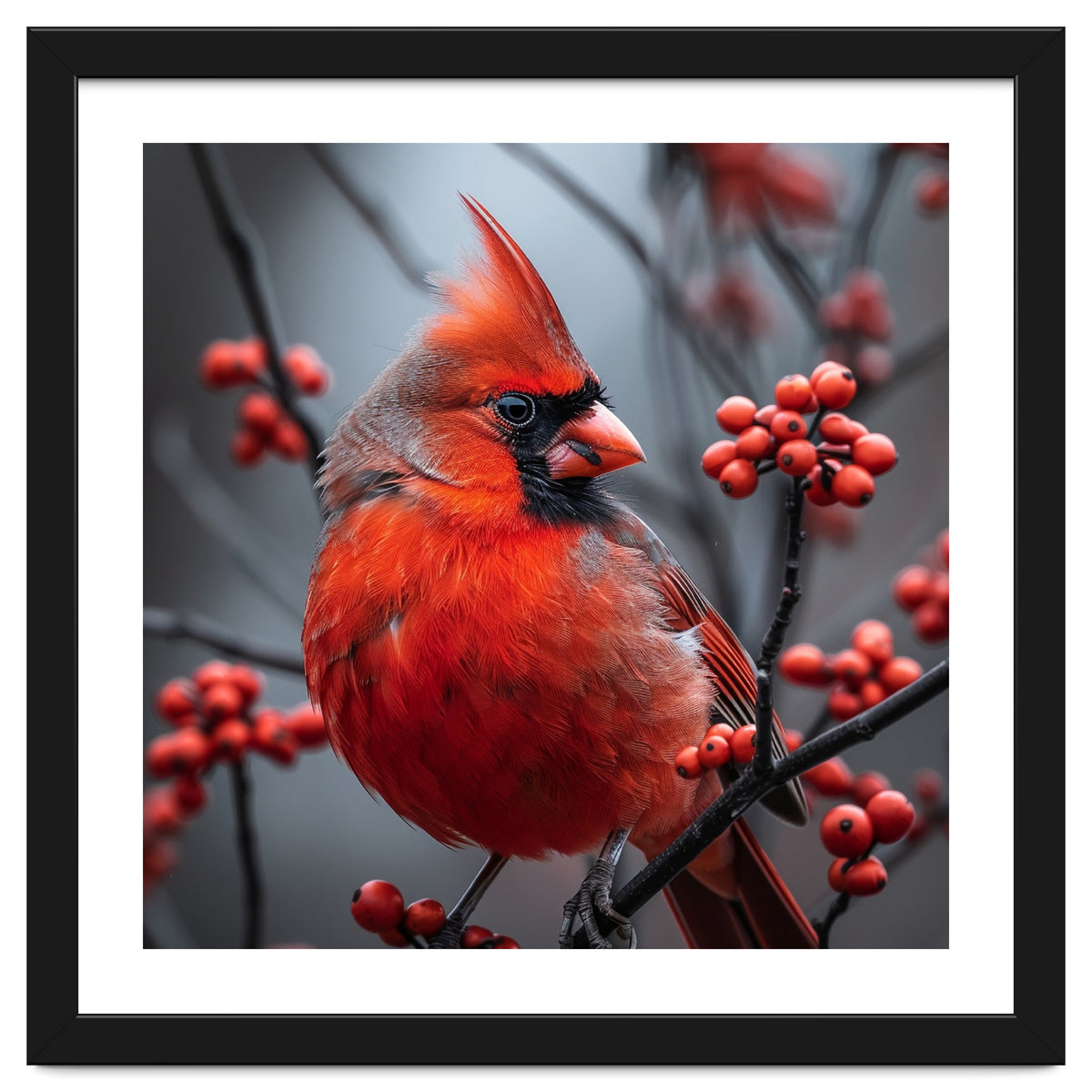 Northern Cardinal Bird Perched Among Red Berries