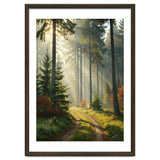 The Golden Path: Ethereal Sunbeams Piercing Through a Misty Evergreen Forest at Dawn thumbnail
