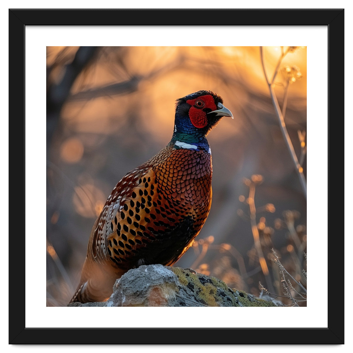 Pheasant Bird Standing On Rock Sunrise Light