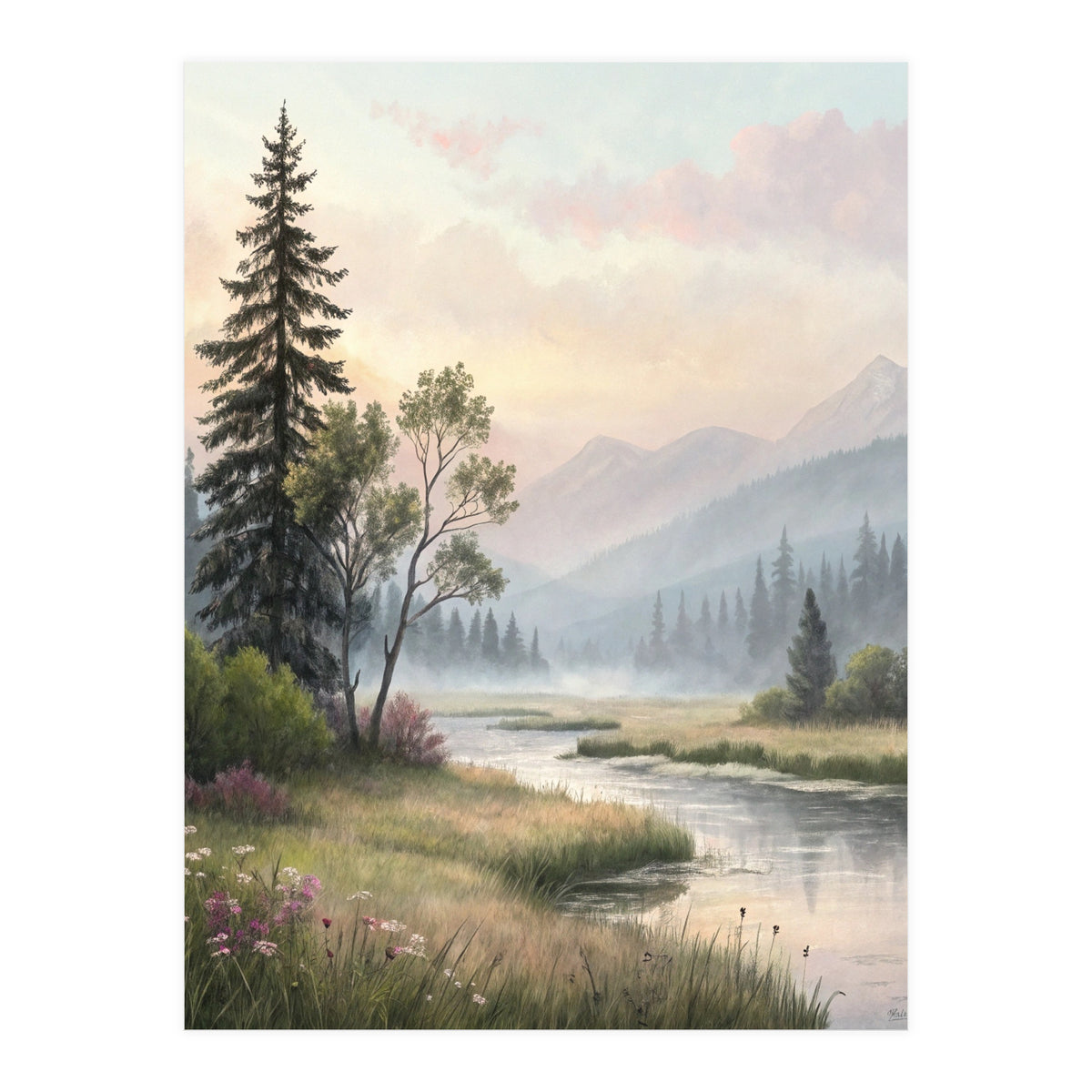 Dreamy Alpine Valley Landscape Painting (Print Only)