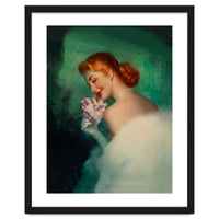 Portrait Of A Pinup Bride In White Dress And A Flower Boukuet