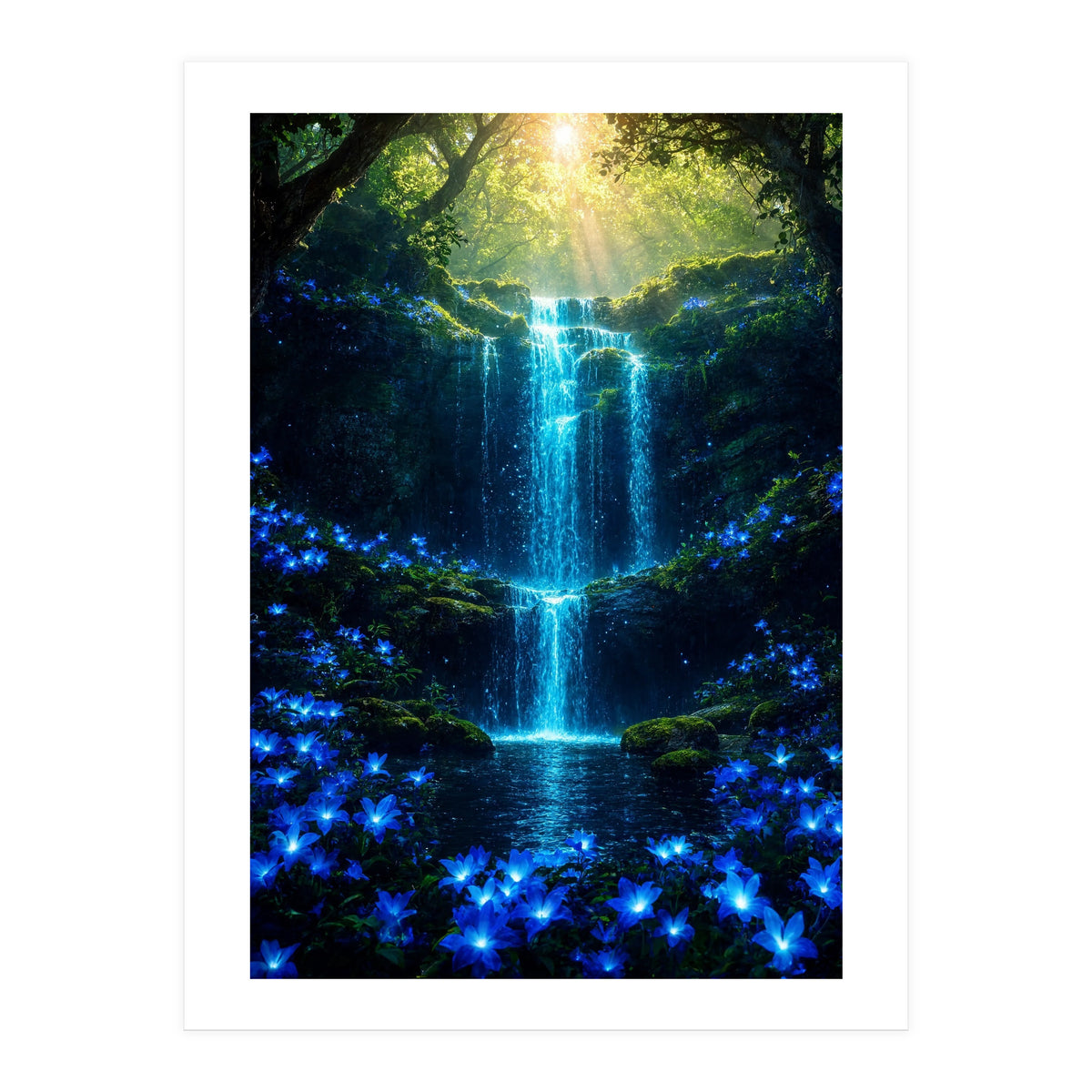 Ethereal Blue Waterfall: Magical Forest Oasis (Print Only)