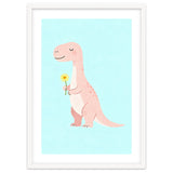 T-Rex Tyrannosaurus Dinosaur Art, Whimsical Dino with Flower, Gentle Nursery Print thumbnail