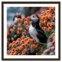 Atlantic Puffin Bird Perched On Orange Flowers