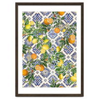 Blue Mediterranean tiles, lemons and oranges fruit