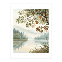 Tranquil Lakeside Forest Watercolor Painting with Overhanging Autumn Branches and Misty Mountain Reflection (Print Only)