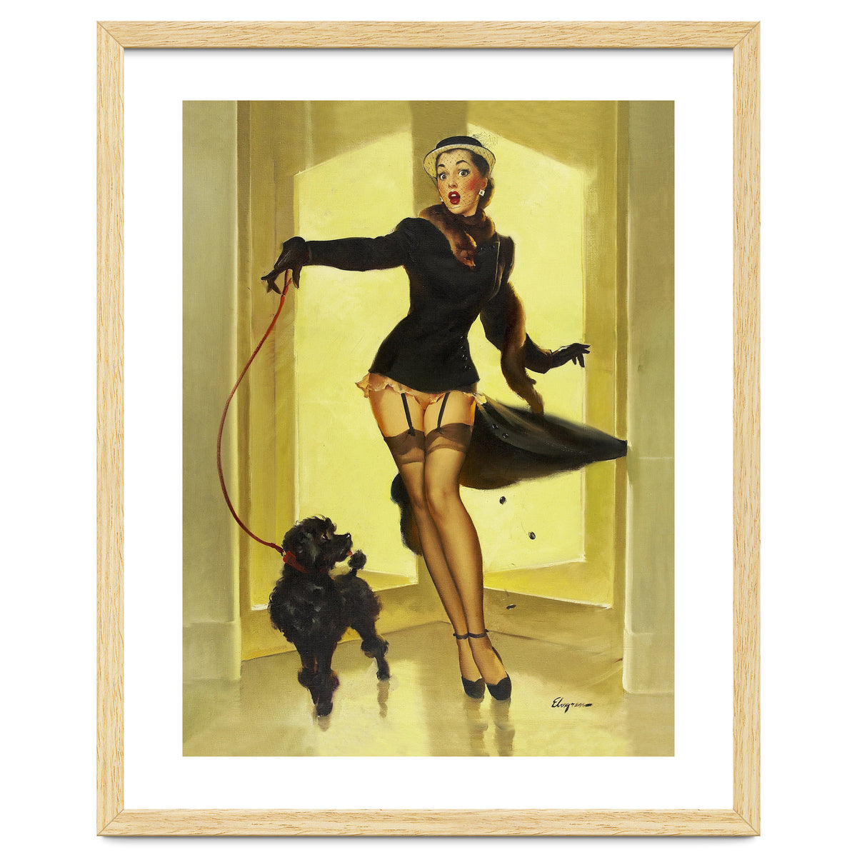 Pinup Girl In Black Dress On A Hall Experiencing Sudden Wind