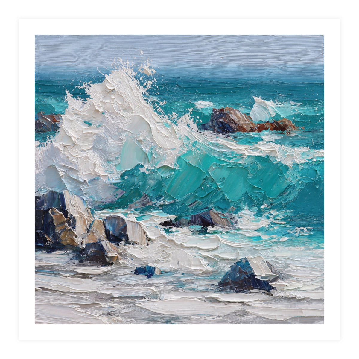 Dynamic Crashing Turquoise Ocean Wave Against Rugged Coastal Rocks (Print Only)