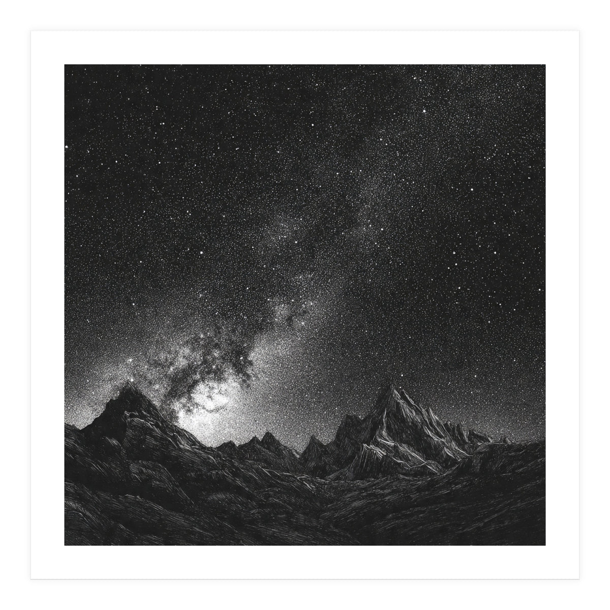 Starlit Mountain Majesty: Detailed Monochrome Milky Way (Print Only)