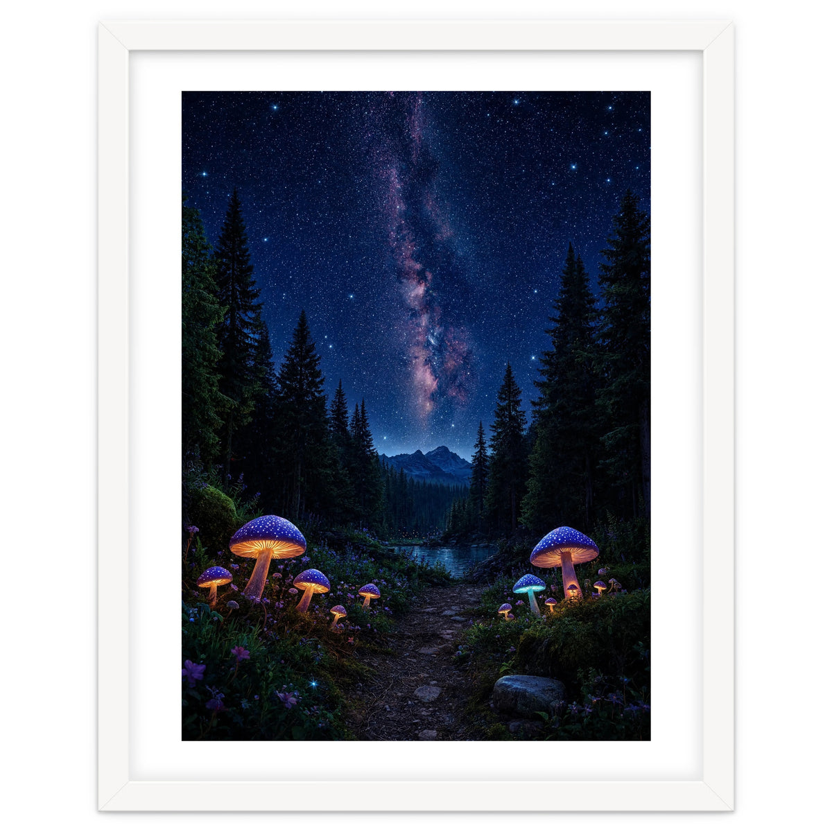 Enchanted Midnight Forest: Glowing Mushrooms and Milky Way