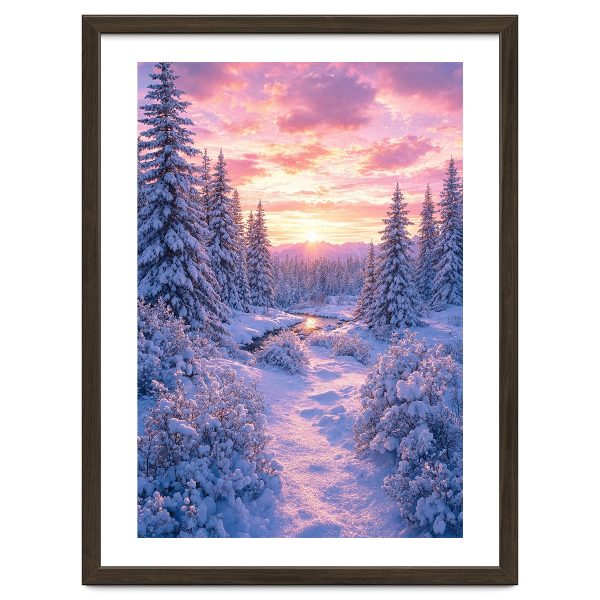 Winter Sunset Glow: Serene Snowy Forest and Frozen Creek