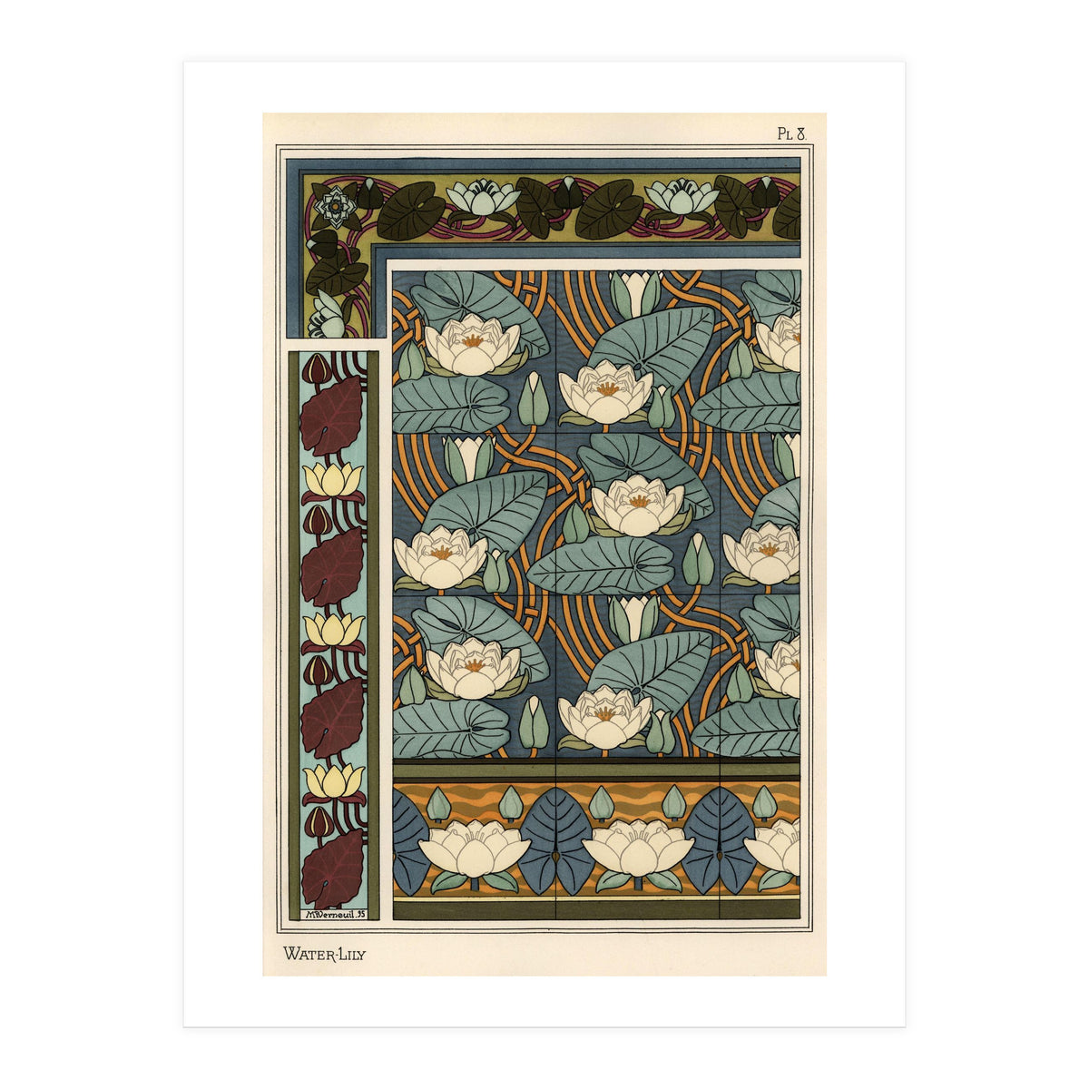 The water lily, Nelumbo lutea, in wallpaper and tile patterns. Lithograph by Verneuil. (Print Only)