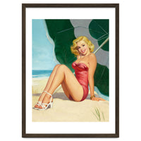 Sexy Pinup Girl On The Beach Under Big Sunshade