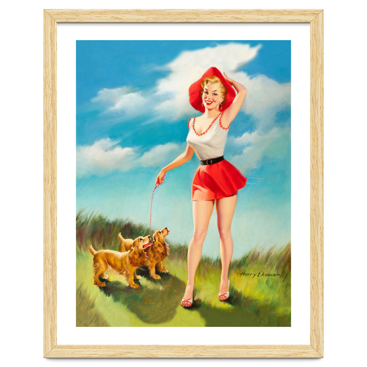 Pinup Girl In Little Red Dress And Two Dogs