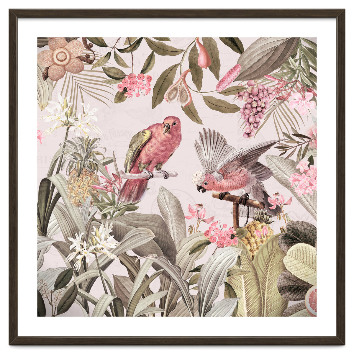 Colorful Parrots In Flower And Fruit Tropical Jungle