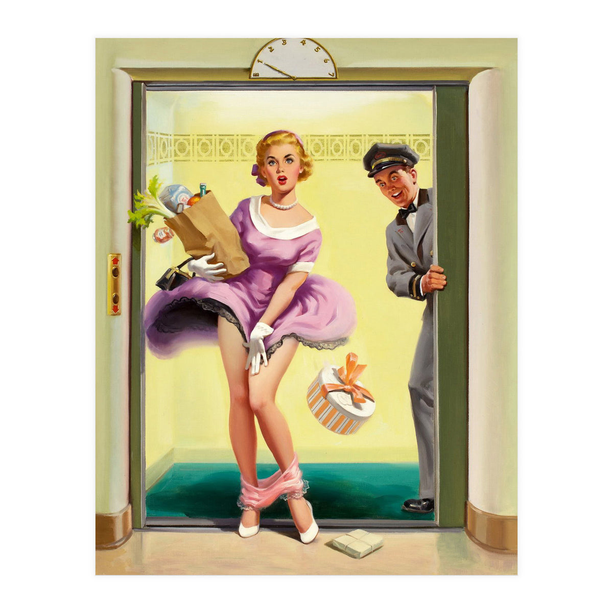 Pinup Sexy Girl Had Accident While Leaving The Elevator (Print Only)