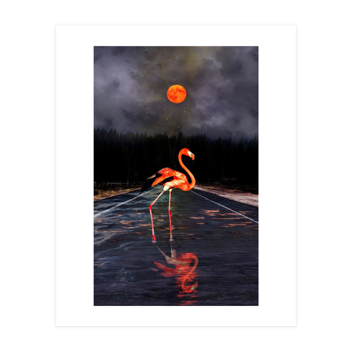 Flamingo and Red Moon  (Print Only)