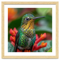 Close Up Of A Hummingbird On Red Flowers