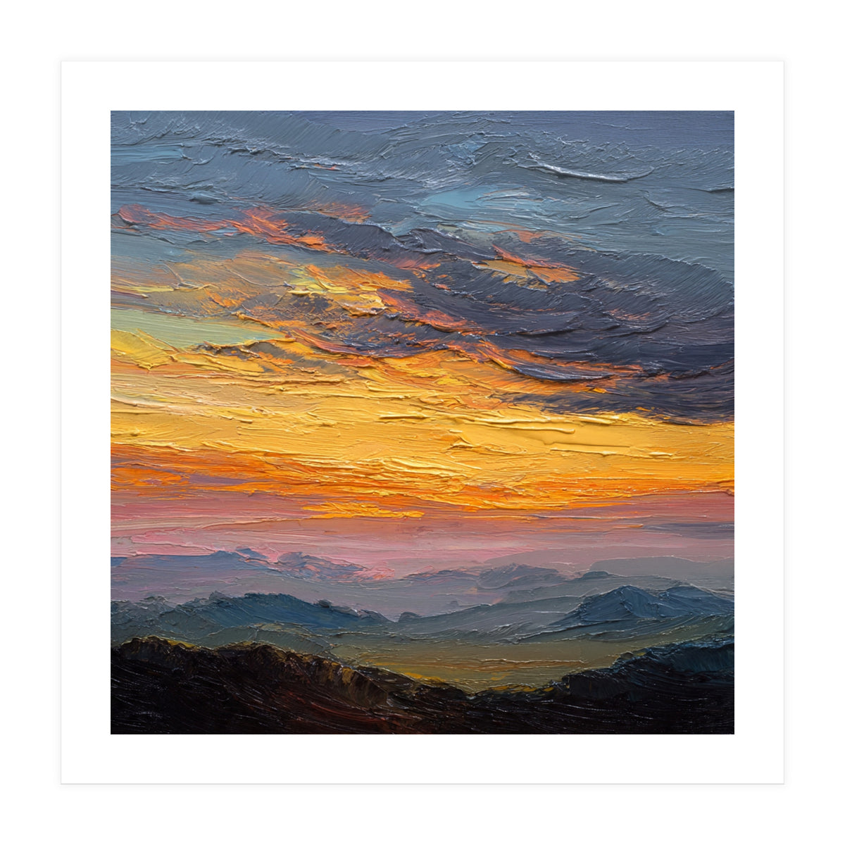 Vibrant Golden Hour Horizon Over Distant Mountain Ridges (Print Only)
