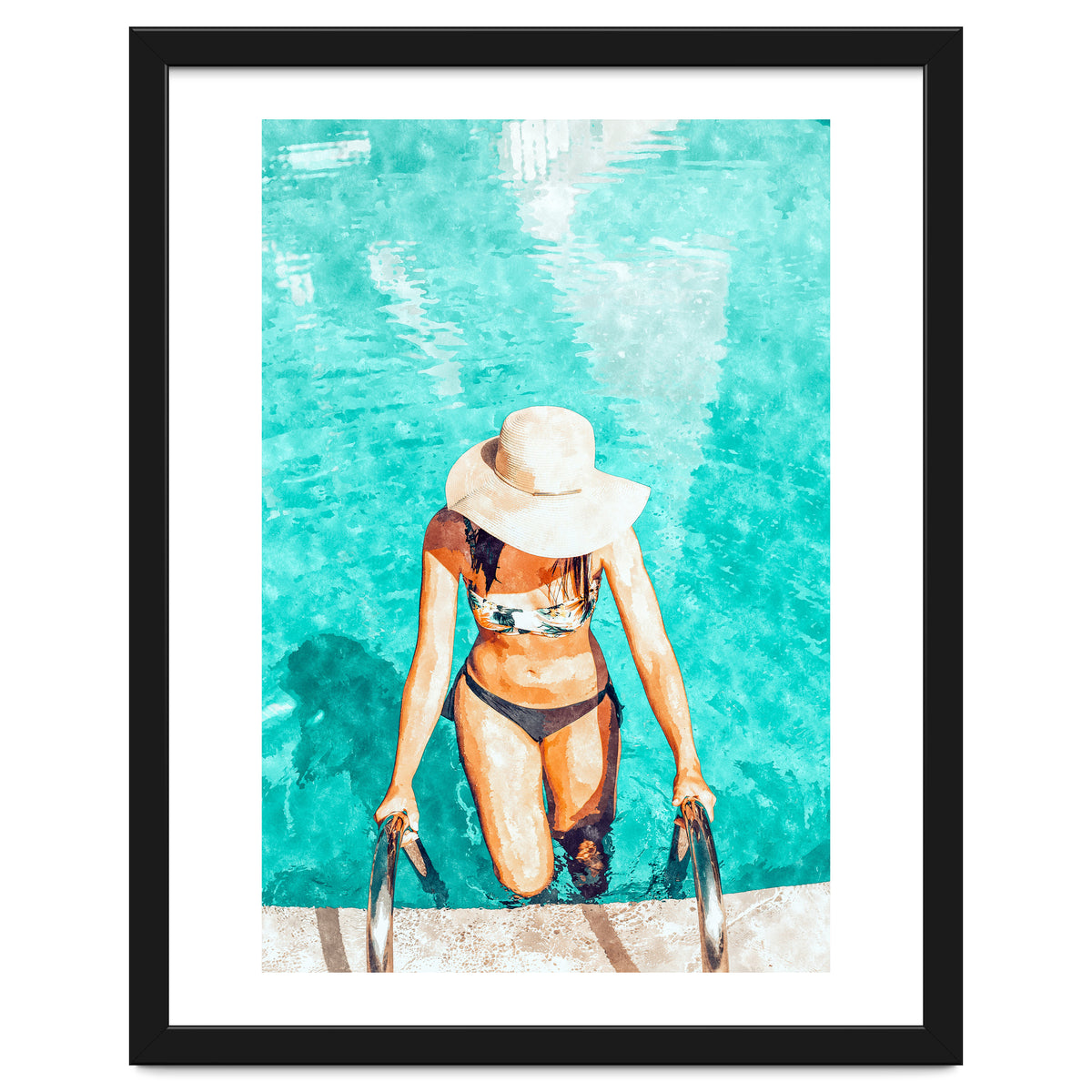 Pool Fashion | Modern Bohemian Woman Swim Watercolor Painting | Contemporary Travel