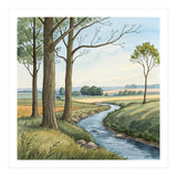Pastoral Countryside Watercolor Painting with Winding Stream Meadows and Deciduous Trees Landscape (Print Only) thumbnail