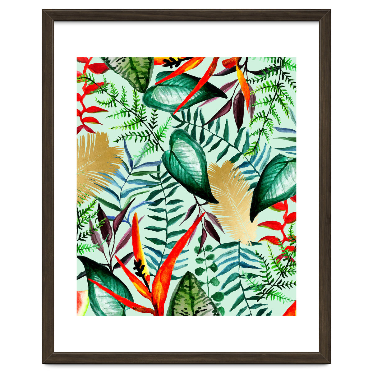 Paradise, Tropical Jungle Botanical Bohemian Illustration, Palm Bird of Paradise Gold Painting