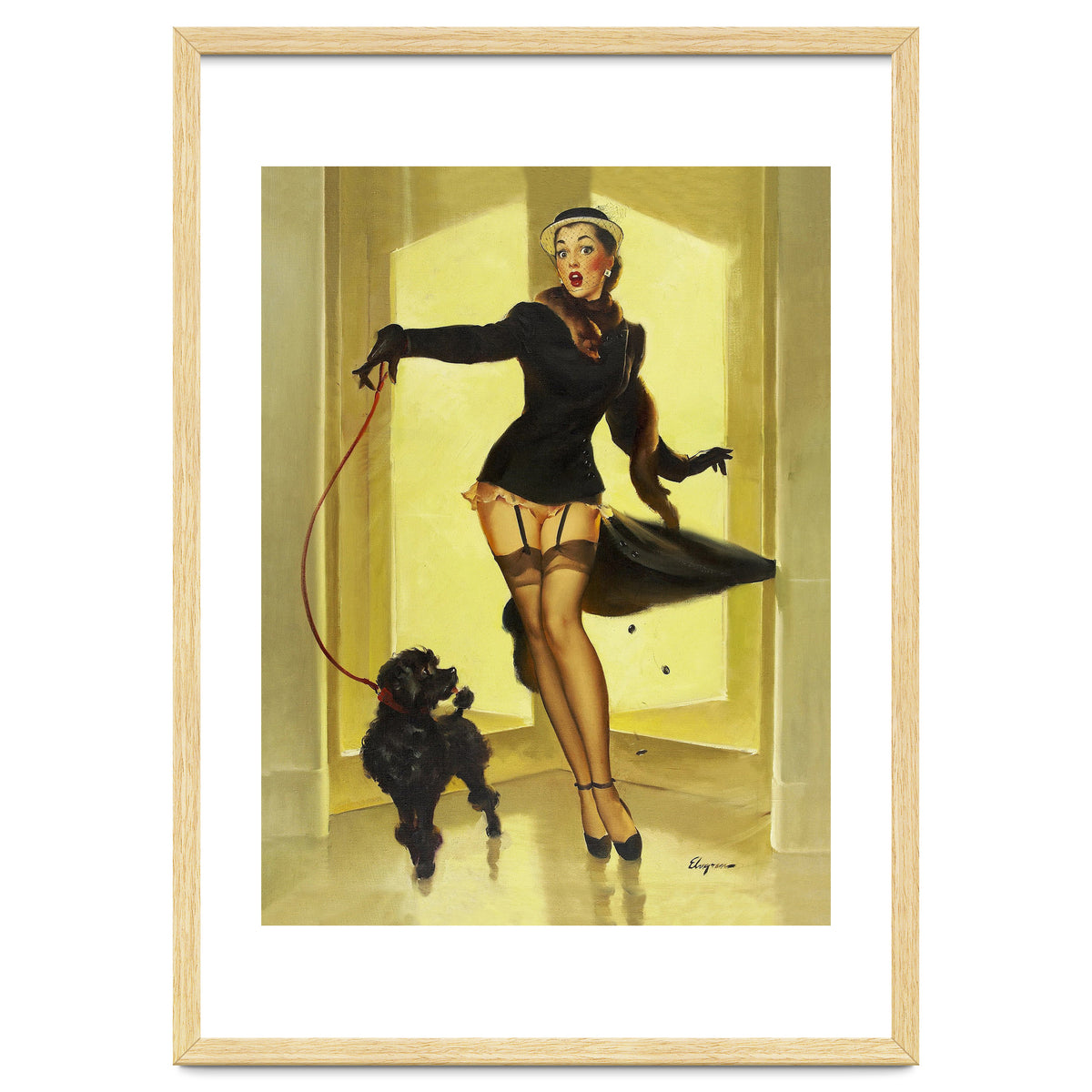 Pinup Girl In Black Dress On A Hall Experiencing Sudden Wind
