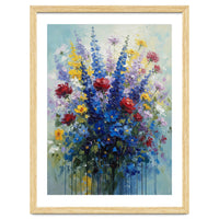 Vibrant Blue Delphinium and Red Rose Heavy Impasto Oil Painting