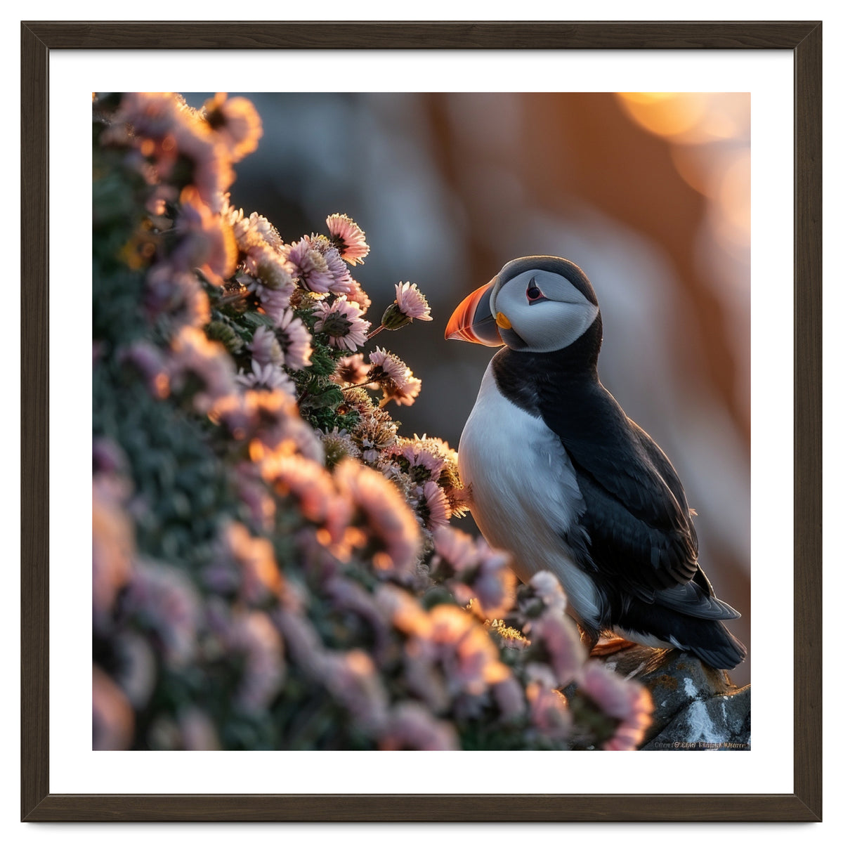 Puffin Bird On Rocks Near Pink Flowers At Sunset