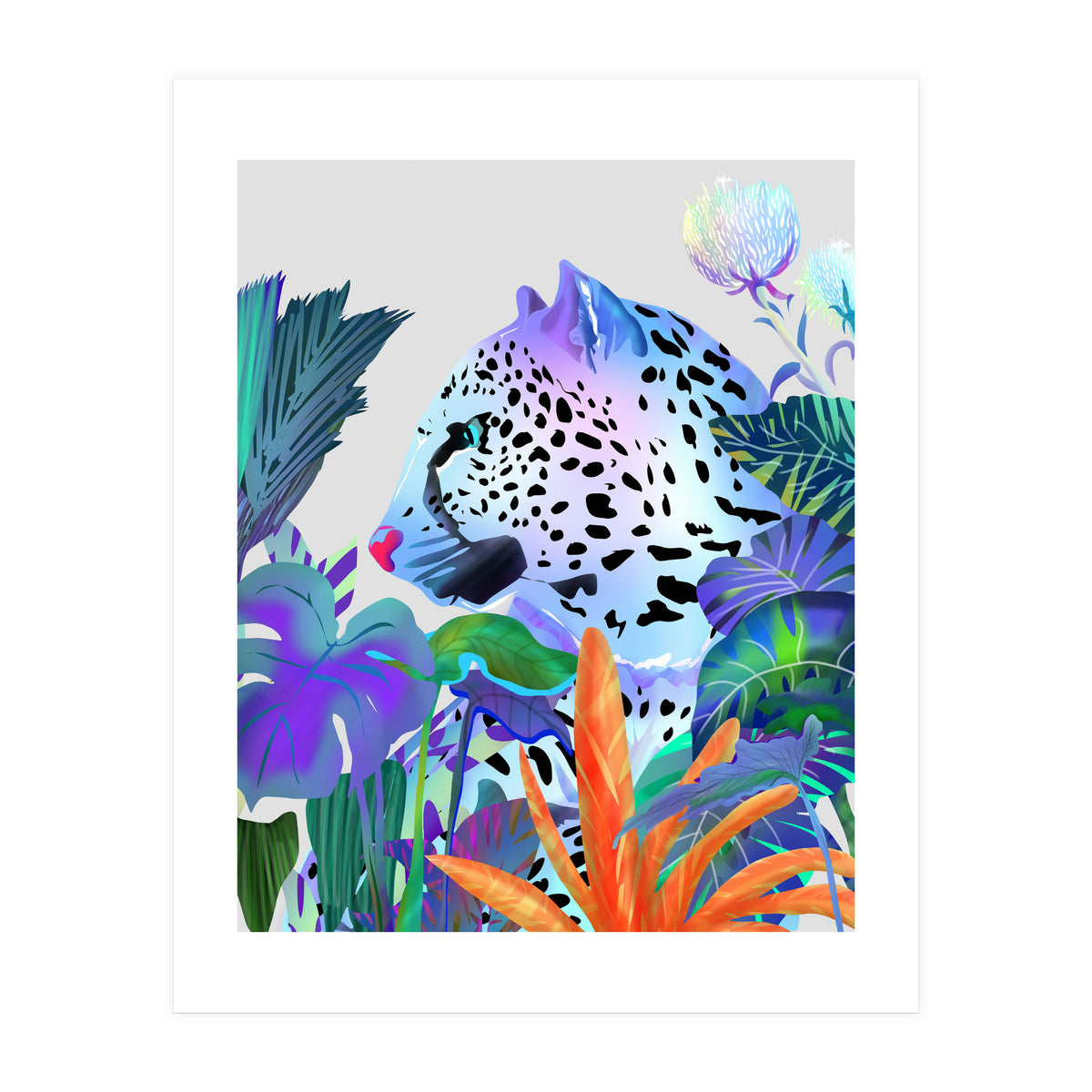 Holographic Leopard, Tropical Jungle Eclectic Nature, Colorful Botanical Wildlife, Boho Contemporary Animals, Tiger Cheetah Cat Maximalism (Print Only)