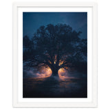 Ancient Mystical Oak Silhouette at Twilight with Ethereal Wisps thumbnail