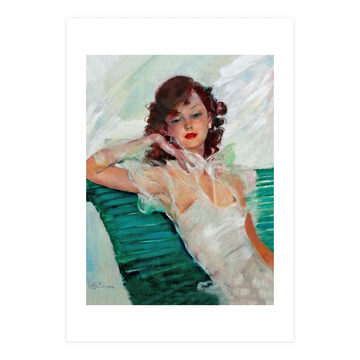 Girl Is Resting On A Green Bench, Watercolor Painting (Print Only)