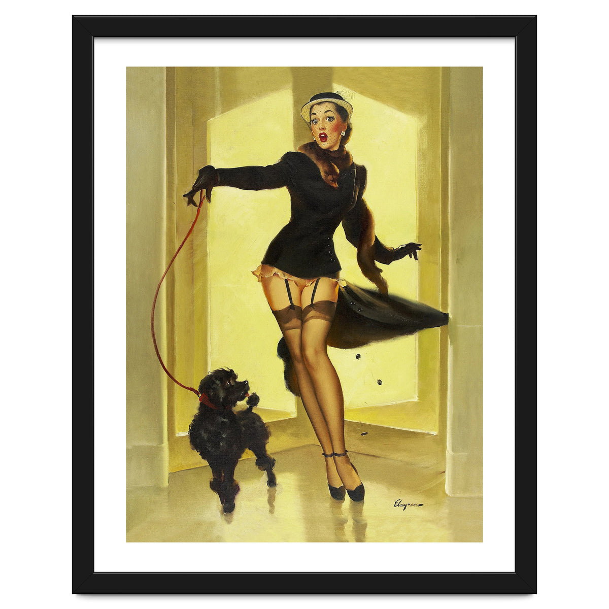 Pinup Girl In Black Dress On A Hall Experiencing Sudden Wind