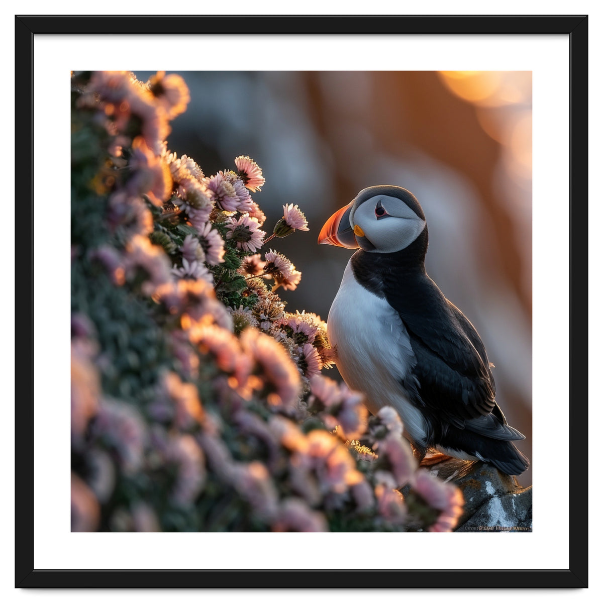 Puffin Bird On Rocks Near Pink Flowers At Sunset