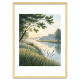 Serene River Sunrise Watercolor Painting with Meadow Grasses and Warm Golden Atmosphere Landscape thumbnail