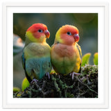 Lovebirds Couple Perched On Mossy Branch Sunlight thumbnail