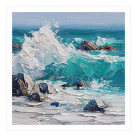 Dynamic Crashing Turquoise Ocean Wave Against Rugged Coastal Rocks (Print Only)