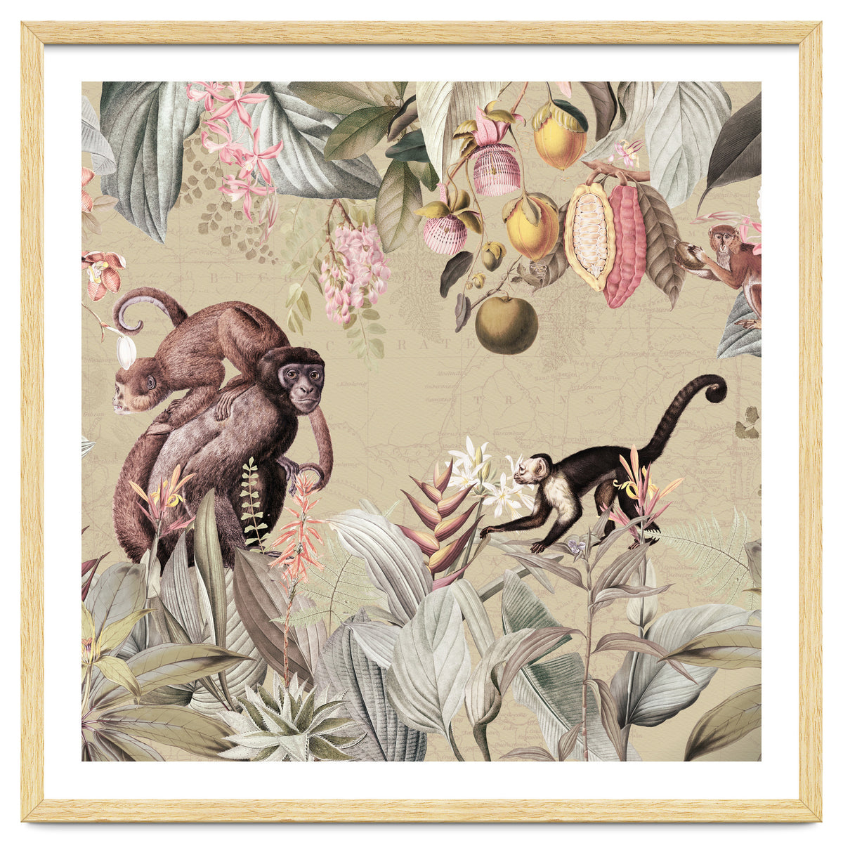 Vintage Exotic Monkeys In African Jungle Landscape