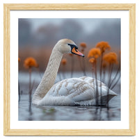 White Swan Swimming In A Lake With Reeds