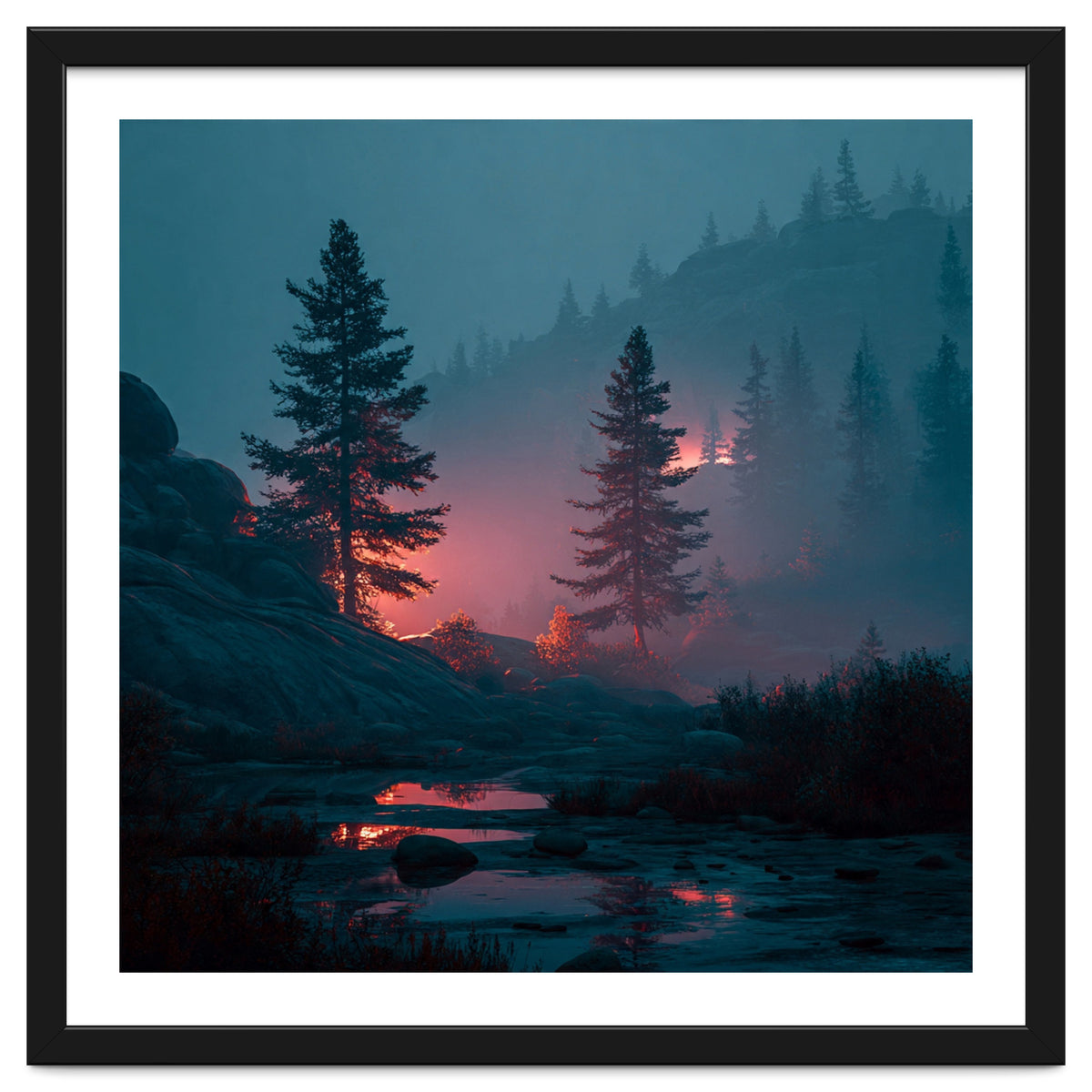 Atmospheric Twilight Pine Forest with Glowing Crimson Light